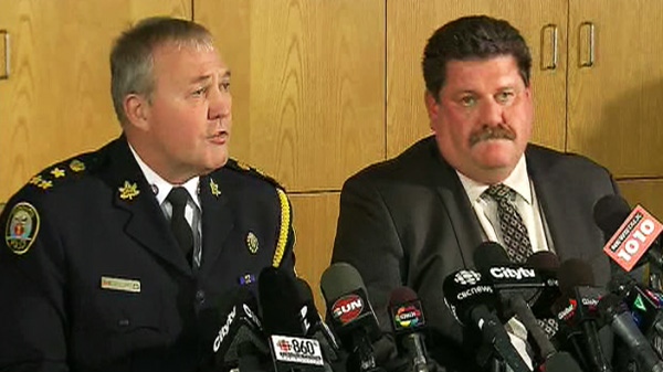 Toronto Police Chief Bill Blair and Supt. Chris White from the Toronto Police organized crime hold a press conference to discuss the Operation Marvel arrests on Tuesday, Dec. 13, 2011.