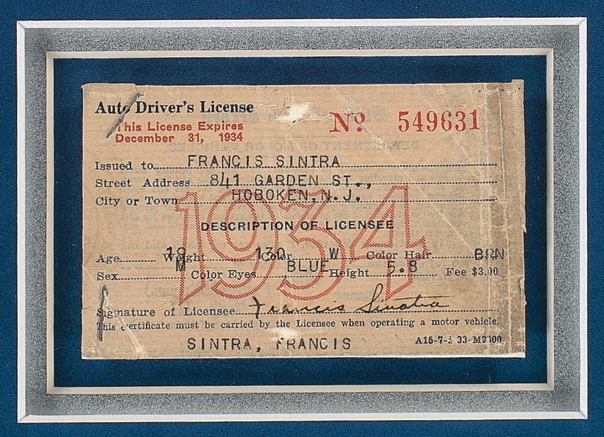 Frank Sinatra’s 1934 New Jersey Driver’s License