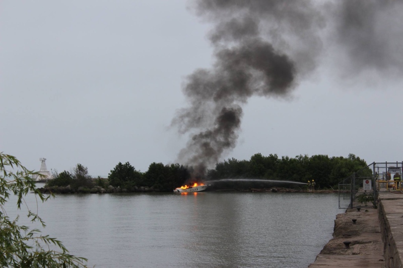 A stolen Elgin OPP police boat was set on fire off the coast of Port Stanley, Ont. early Wednesday, June 25, 2014. (Katey Berzins/ Facebook)