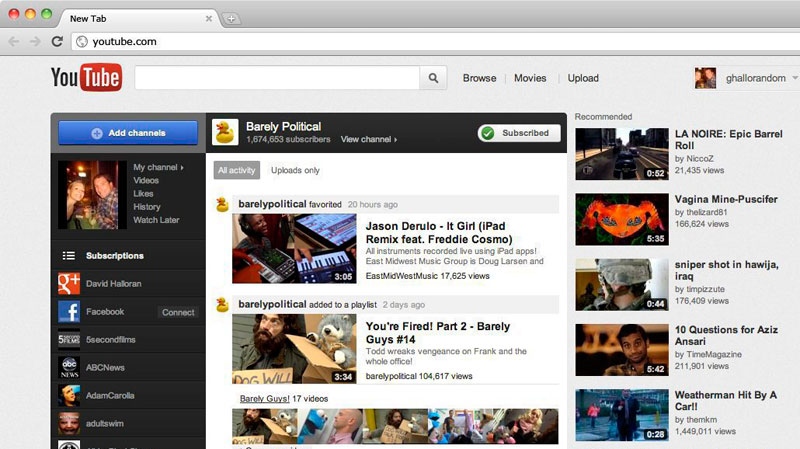 This screen grab provided by Google Inc. on Thursday, Dec. 1, 2011 shows the newly reprogrammed YouTube website. (AP / Google Inc.)