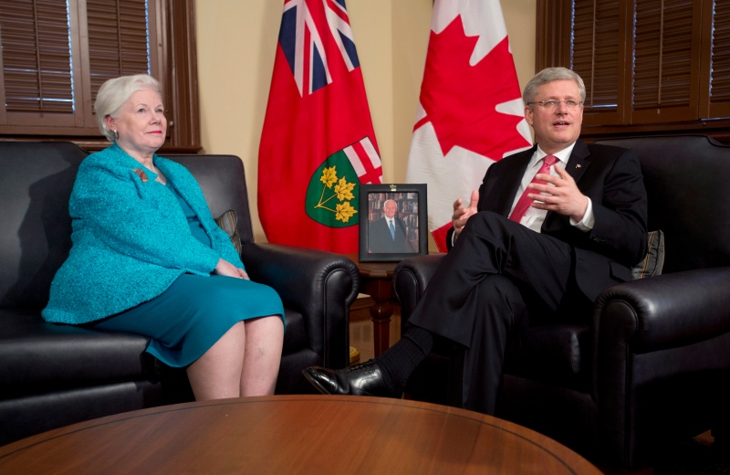 Canadian Prime Minister Stephen Harper introduces the next Lieutenant-Governor of Ontario, Elizabeth Dowdeswell, Thursday June 26, 2014 at his office in Ottawa. THE CANADIAN PRESS/Adrian Wyld