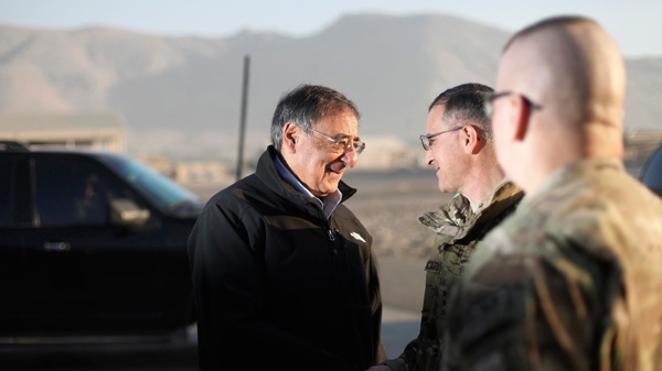U.S. Sec. of Defense Leon Panetta, left, shakes hands with Lt. Gen. Curtis M. Scaparrotti, Commander of the ISAF Joint Command and Deputy Commander of US Forces in Afghanistan, right, during his departure from Kabul, Afghanistan, Thursday, Dec., 15, 2011. (AP / Pablo Martinez Monsivais)