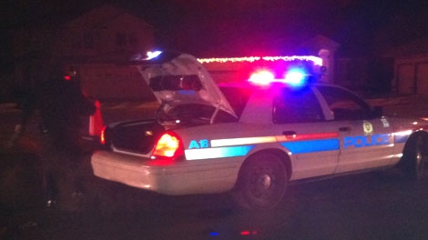 A police car stationed in the Lewis Estates neighbourhood following a shooting on Wednesday, Dec. 14, 2011.
