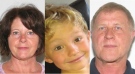 From left to right, Kathryn Faye Liknes, 53, Nathan O'Brien, 5, and Alvin Cecil Liknes, 66, are shown in this combination of photos provided by Calgary police. 