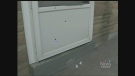 Bullet holes are seen in the door of a home on Benjamin Avenue in Windsor, Ont. on Wednesday, July 2, 2014. (Christie Bezaire / CTV Windsor)