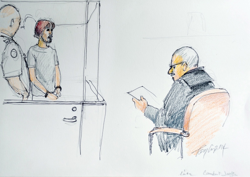 Justin Bourque is shown in a courtroom sketch in Moncton, N.B. on Thursday, July 3, 2014. (Carol Taylor / THE CANADIAN PRESS)