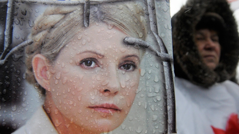 A supporter of former Ukrainian Prime Minister Yulia Tymoshenko holds a posters outside the Appellate Court in Kiev, Ukraine, Tuesday, Dec. 20, 2011.