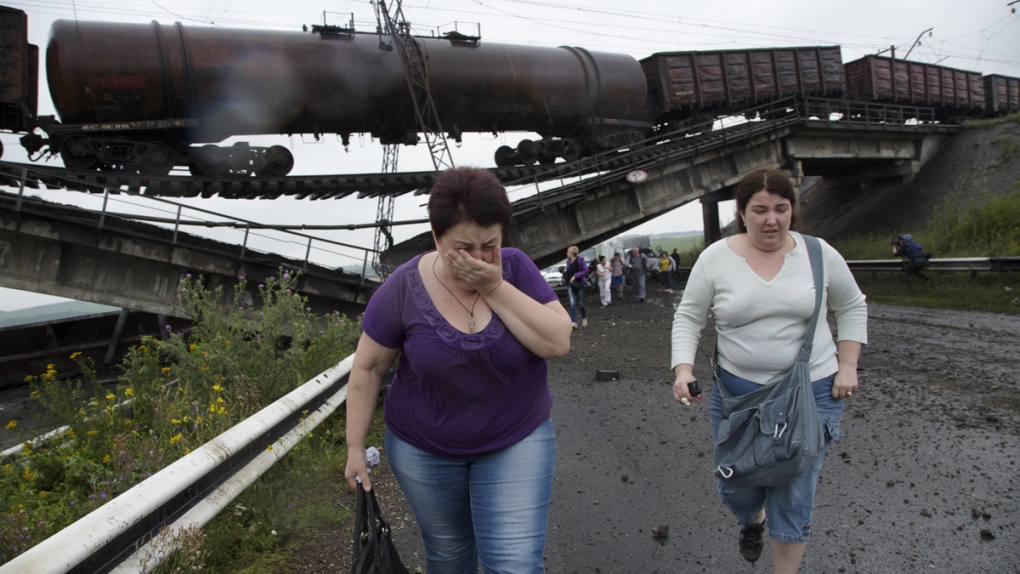 Bridge destroyed by pro-Russian rebels in Ukraine
