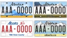 The province launched three new designs for the Alberta licence plate, the old design set to be replaced is shown in the bottom left. Supplied.