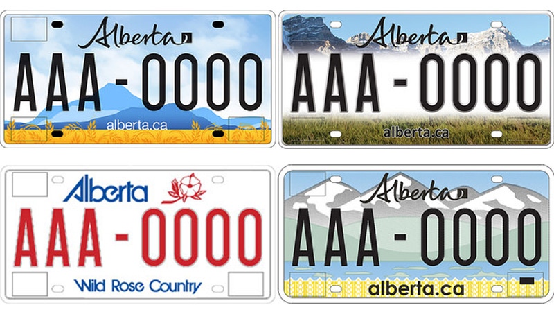 The province launched three new designs for the Alberta licence plate, the old design set to be replaced is shown in the bottom left. Supplied.