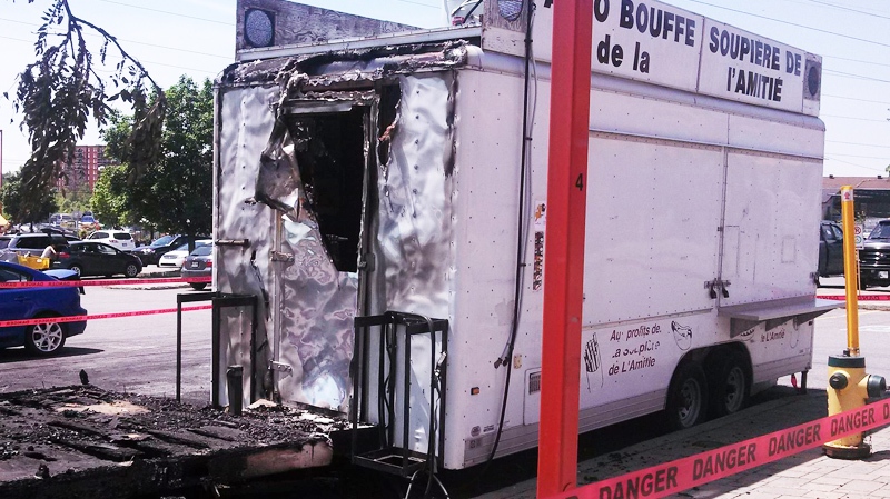 The damaged charity food truck is seen here in Cla