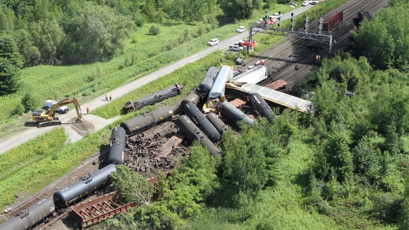 Aerial view of a derailment involving a CN freight train near Brockville, ON, on Thursday, July 10, 2014. (Transportation Safety Board) 