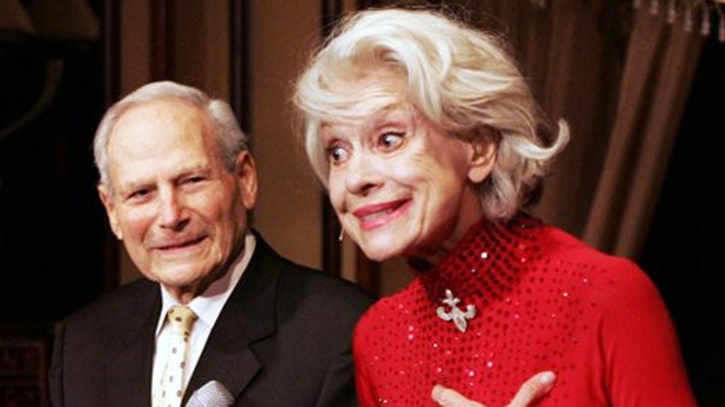 In this Oct. 18, 2005 file photo, Broadway legend Carol Channing introduces her husband, businessman Harry Kullijian, during a performance of her one-woman show in New York. (AP Photo/Richard Drew, File)