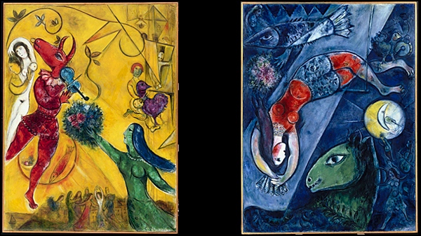 Two Marc Chagall paintings: Dance (left) and Blue Circus. The are from the Centre Pompidou collection in Paris. The photos are courtesy of the Art Gallery of Ontario.