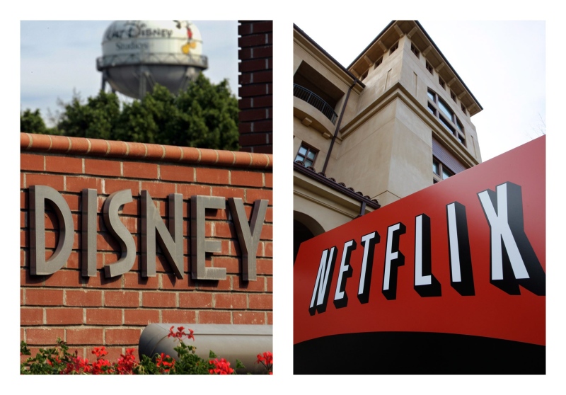 The Walt Disney logo in Burbank, Calif. on June 2, 2006, and Netflix's headquarters in Los Gatos, Calif., on March 20, 2012. (AP/File)
