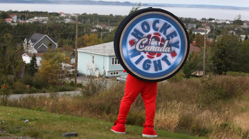 In this undated file photo, the "Puck" poses at the Robert French Memorial Stadium in Conception Bay South, N.L., for the Kraft Hockeyville 2011 competition.  