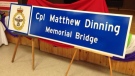 A sign for a newly dedicated bridge along Highway 21 (Bluewater Veteran's Highway) is seen in Wingham, Ont. on Friday, July 18, 2014. (Scott Miller / CTV London)