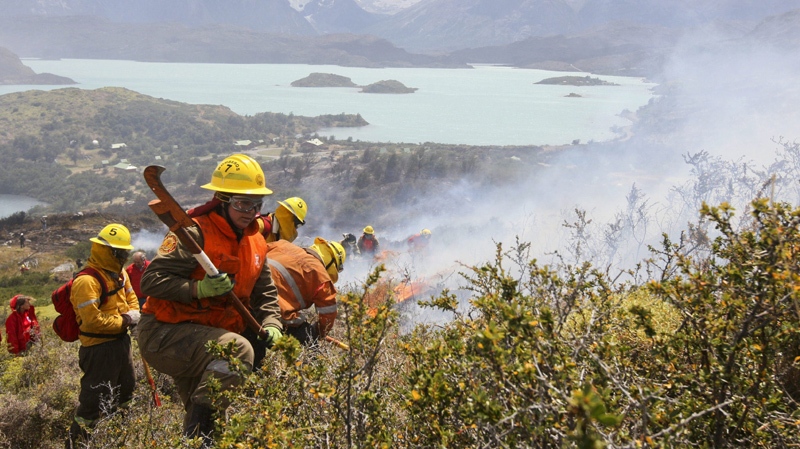 Firefighters work in an area of the Torres del Paine national park in Torres del Paine, Chile, Sunday Jan. 1, 2012. 