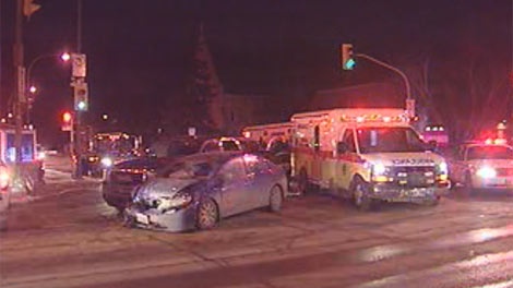 A collision involving a Winnipeg Fire Paramedic vehicle tied up traffic on Corydont Avenue and Stafford Street Monday night.