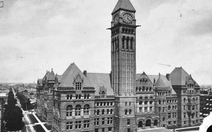 Archival photographs show what city hall looked like between 1900 and 1964. Victory Bond rallies often took place on the city's doorsteps during the war. (City Archives Fonds 1568, Item 525)