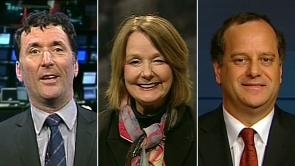 NDP leadership candidates Paul Dewar, left to right, Peggy Nash and Brian Topp appear on CTV's Power Play on Friday, Jan. 6, 2011.