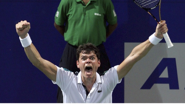 Canada's Milos Raonic celebrates his win in the final match against Serbia's Janko Tipsarevic at the ATP Chennai Open 2012 tennis tournament in Chennai, India, Sunday, Jan. 8, 2012. (AP Photo)