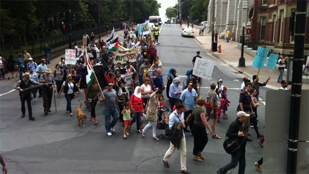 Several hundred demonstrators protesting the war in Gaza marched to the U.S. Consulate in Halifax late Tuesday afternoon.