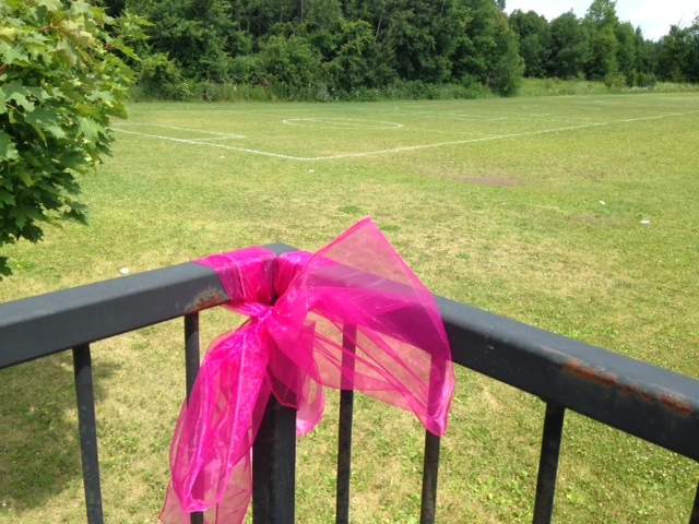A ribbon marks the spot of a small memorial at the Portuguese Cultural Centre in Bradford on Thursday, a day after a 15-year-old girl died after a soccer net fell on her. (Rob Cooper / CTV Barrie)