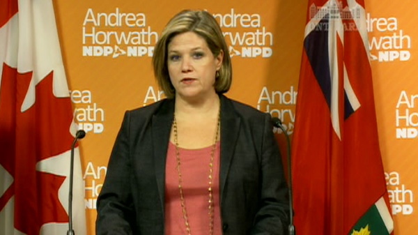 Ontario NDP Leader Andrea Horwath speaks to reporters on Wednesday, Jan. 11, 2012 at Queen's Park in Toronto.