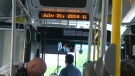 A visual display on a Calgary Transit bus will indicate stop location information