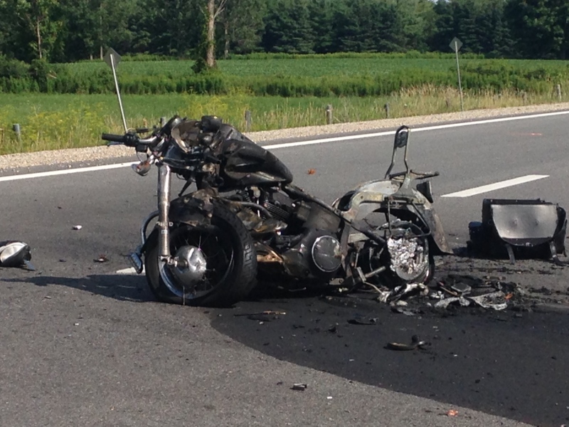 Motorcycle involved in a collision on Highway 6 near Fergus on July 31, 2014.