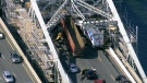 An aerial view of the Burlington Skyway after a truck struck scaffolding, shutting down all Toronto-bound traffic, Thursday, July 31, 2014.