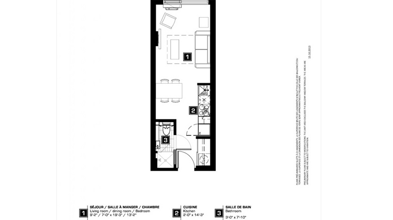 The condo layout of the 286 square foot condo unit