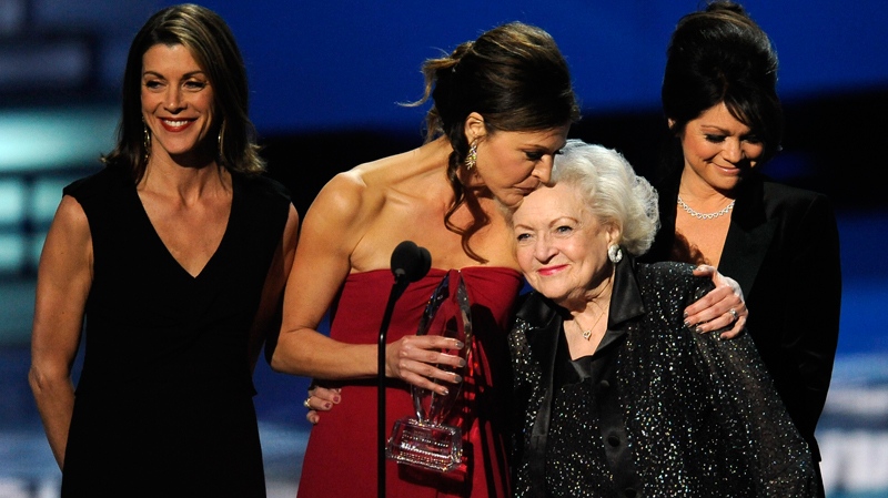 From left, Wendie Malick, Jane Leeves, Valerie Bertinelli, and Betty White accept the award for favourite cable TV comedy for 'Hot in Cleveland' during the People's Choice Awards on Wednesday, Jan. 11, 2012 in Los Angeles. (AP / Chris Pizzello)