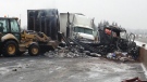 Fiery crash involving four transport trucks on Highway 401 closed down lanes near Kingston, Ont., Thursday, Jan. 12, 2012. (Dan O'Connor / CTV News)