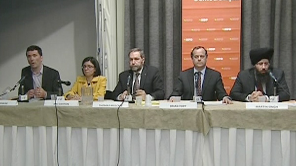 NDP leadership candidates are seen taking part in a debate in Montreal, Sunday, Jan. 15, 2011. 