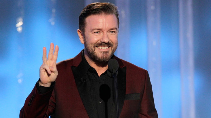 Ricky Gervais speaks during the 69th Annual Golden Globe Awards, Sunday, Jan. 15, 2012 in Los Angeles. (Paul Drinkwater)