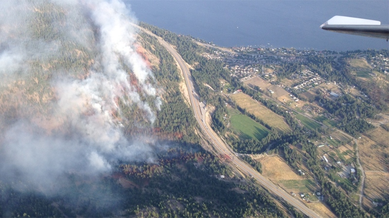 Aerial of a wildfire next to Okanagan Lake near Peachland (file).