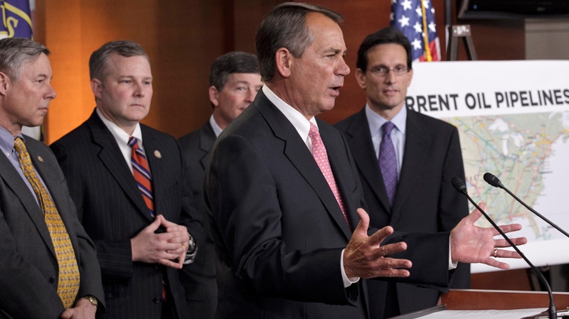 House Speaker John Boehner of Ohio, center, accompanied by fellow Republican leaders, gestures during a news conference on Capitol Hill in Washington, Wednesday, Jan. 18, 2012, to voice their opposition to U.S. President Barack Obama's decision to reject the Keystone XL pipeline.  (AP / J. Scott Applewhite)