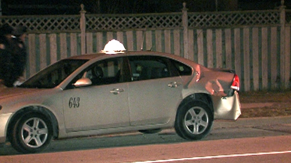 A taxi cab was damaged after it was struck by a TTC bus, Wednesday, Jan. 18, 2012.
