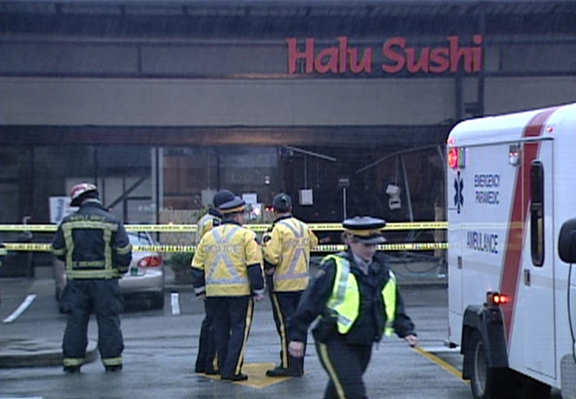 The Sushi restaurant in Maple Ridge, where one person died and several were injured after it was hit by a vehicle, Thursday.
