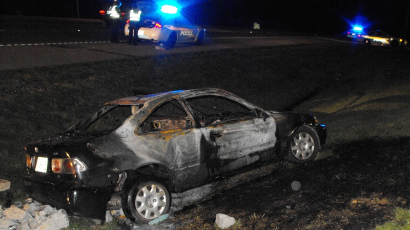 This photo provided Jan. 17, 2012, by the Tennessee Methamphetamine Task Force shows the aftermath what authorities say is a mobile shake-and-bake meth lab vehicle that burned in August, 2011, in Clarksville, Tenn. (AP Photo/Tennessee Methamphetamine Task Force)