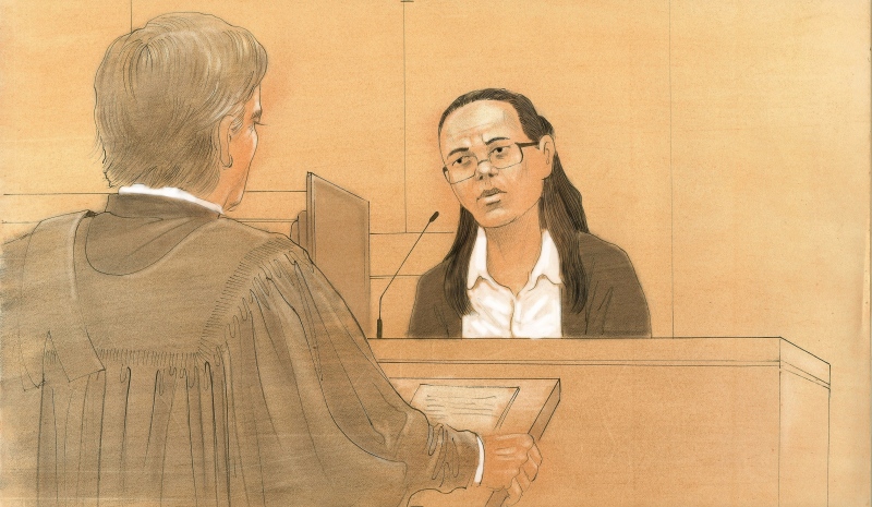 A woman accused in the killing of her mother and attempted murder of father during an apparent home robbery in November 2010 is shown in this court sketch. (John Mantha / CTV Toronto)