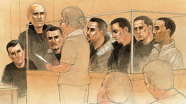 A sketch of the seven suspects during a court appearance on Tuesday, Jan. 24, 2012.