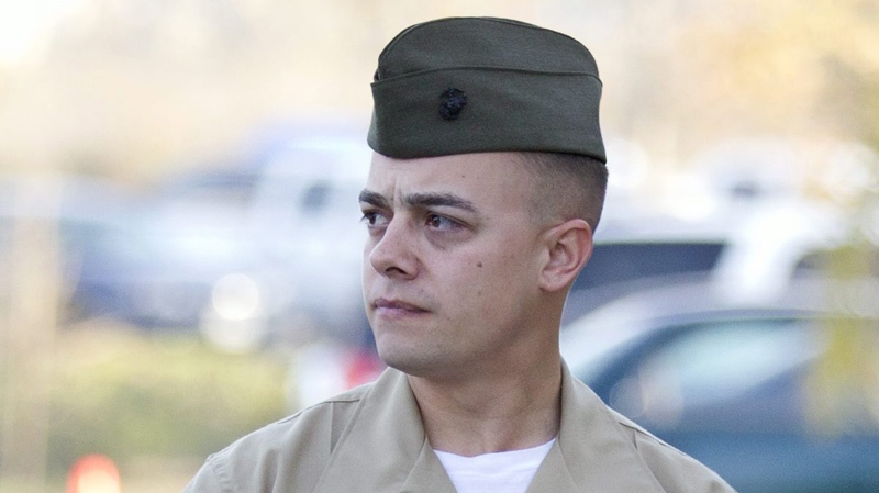 Marine Corps Staff Sgt. Frank Wuterich arrives for a court session at Camp Pendleton Friday, Jan. 20, 2012, in Camp Pendleton, Calif.