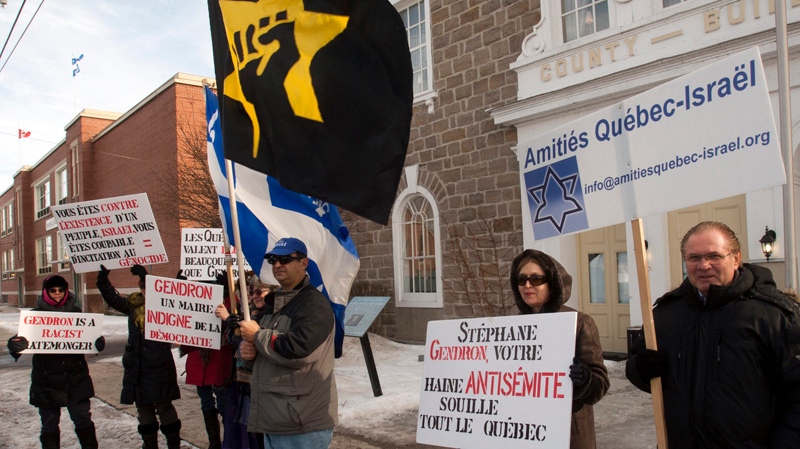 Members of the Jewish Defence League protest against anti-Israel Mayor Stephane Gendron at City Hall Thursday, January 26, 2012 in Huntingdon, Quebec.THE CANADIAN PRESS/Ryan Remiorz