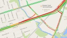 Traffic builds on the westbound Gardiner Expressway after a vehicle fire at Grand Avenue on Monday, Aug. 25, 2014. (Google Maps)