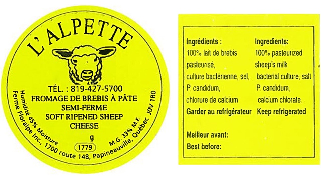 L'Alpette brand sheep cheese recalled