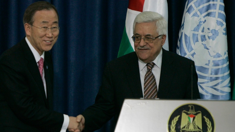 U.N. Secretary-General Ban Ki-moon, left, shakes hands with Palestinian President Mahmoud Abbas in the West Bank city of Ramallah, Wednesday, Feb. 1, 2012. (AP / Majdi Mohammed)