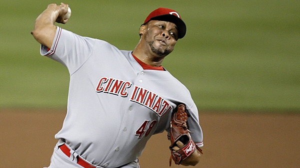 Then-Cincinnati Reds relief pitcher Francisco Cordero pitches against the Washington Nationals during the ninth inning of a baseball game at Nationals Park in Washington, on Wednesday, Aug. 17, 2011. (AP Photo/Jacquelyn Martin)
